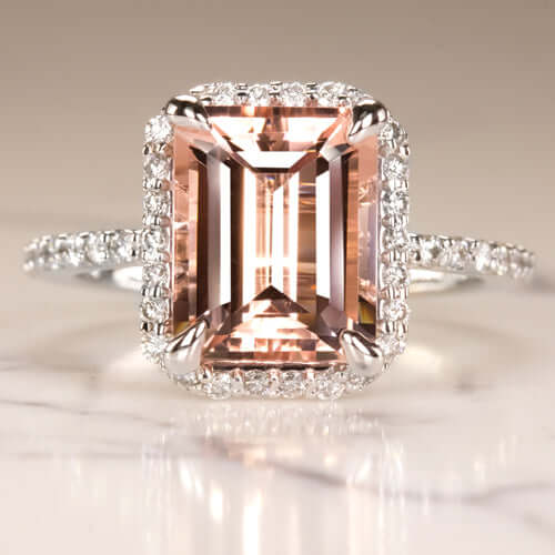 EMERALD CUT PEACH PINK MORGANITE DIAMOND ENGAGEMENT RING HALO WHITE  GOLD