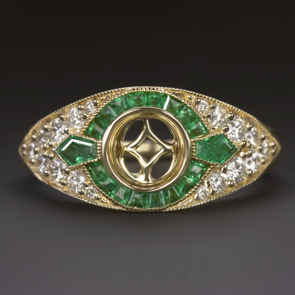 EMERALD DIAMOND ENGAGEMENT RING SETTING ROUND VINTAGE STYLE ART DECO BEZEL HALO