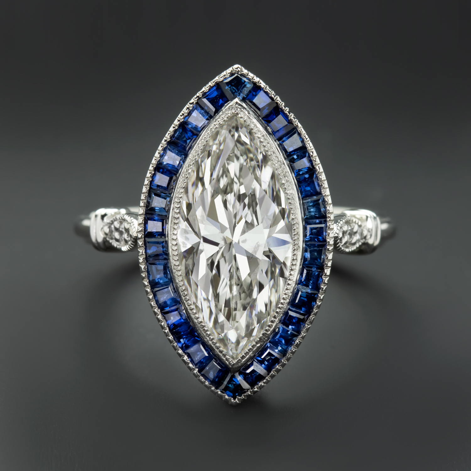 3ct MARQUISE CERTIFIED DIAMOND SAPPHIRE ENGAGEMENT RING ART DECO STYLE PLATINUM