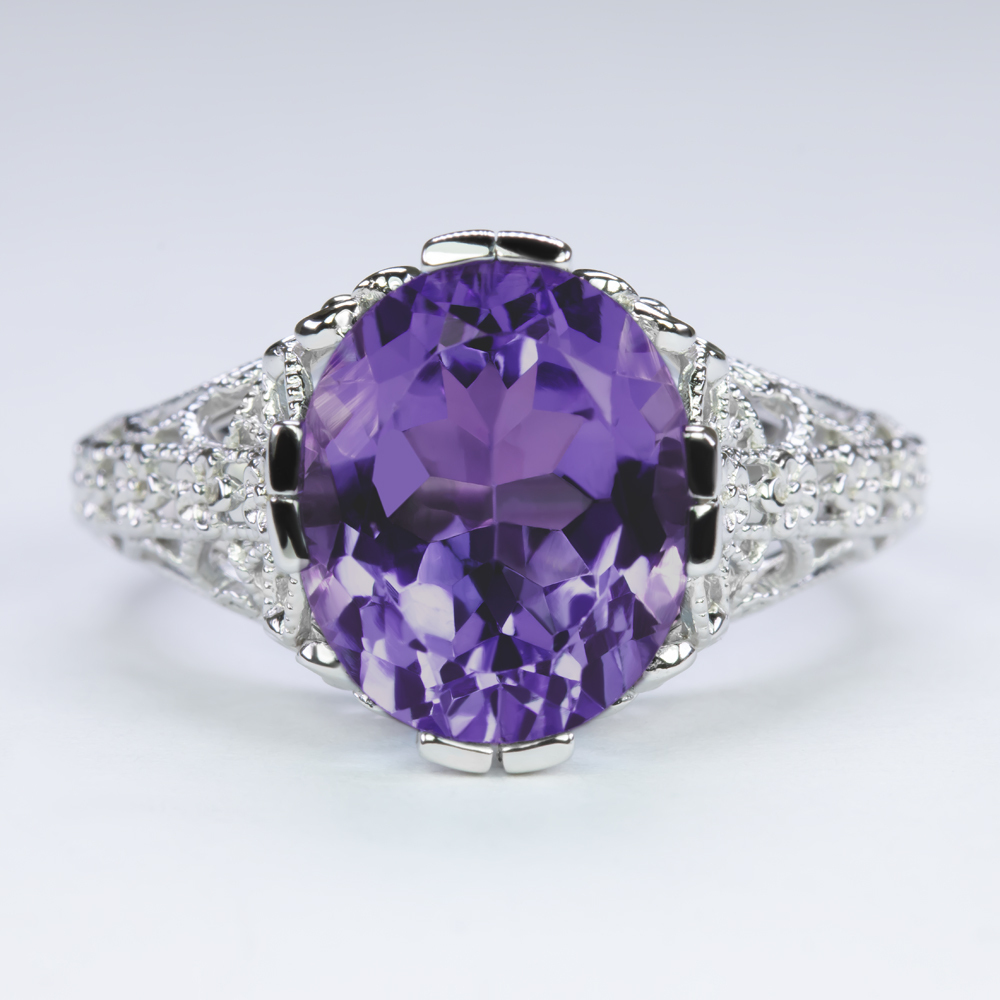 AMETHYST STERLING SILVER VINTAGE STYLE RING ART DECO OVAL SHAPE PURPLE SOLITAIRE