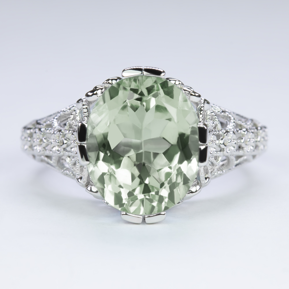 GREEN AMETHYST STERLING SILVER VINTAGE STYLE RING ART DECO OVAL SHAPE SOLITAIRE