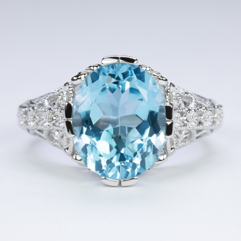 SWISS BLUE TOPAZ STERLING SILVER VINTAGE STYLE RING ART DECO OVAL CUT SOLITAIRE