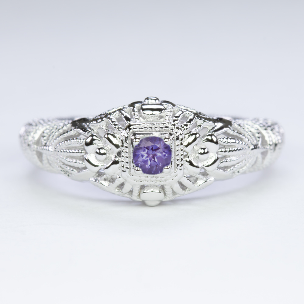 AMETHYST VINTAGE STYLE COCKTAIL RING STERLING SILVER FILIGREE ROUND CUT PURPLE