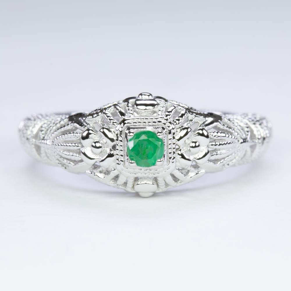 EMERALD VINTAGE STYLE COCKTAIL RING STERLING SILVER FILIGREE DAINTY ROUND GREEN