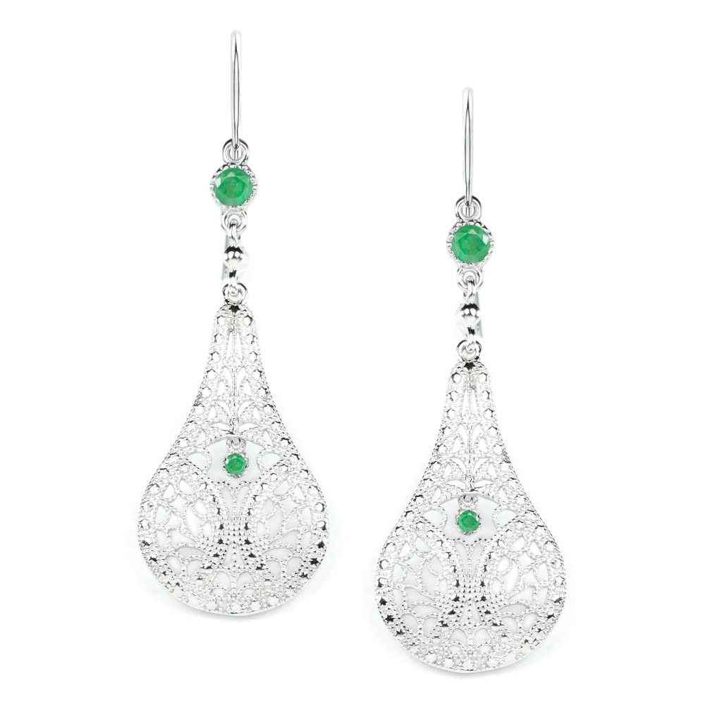 EMERALD FILIGREE EARRINGS STERLING SILVER DANGLE TEARDROP VINTAGE STYLE GREEN