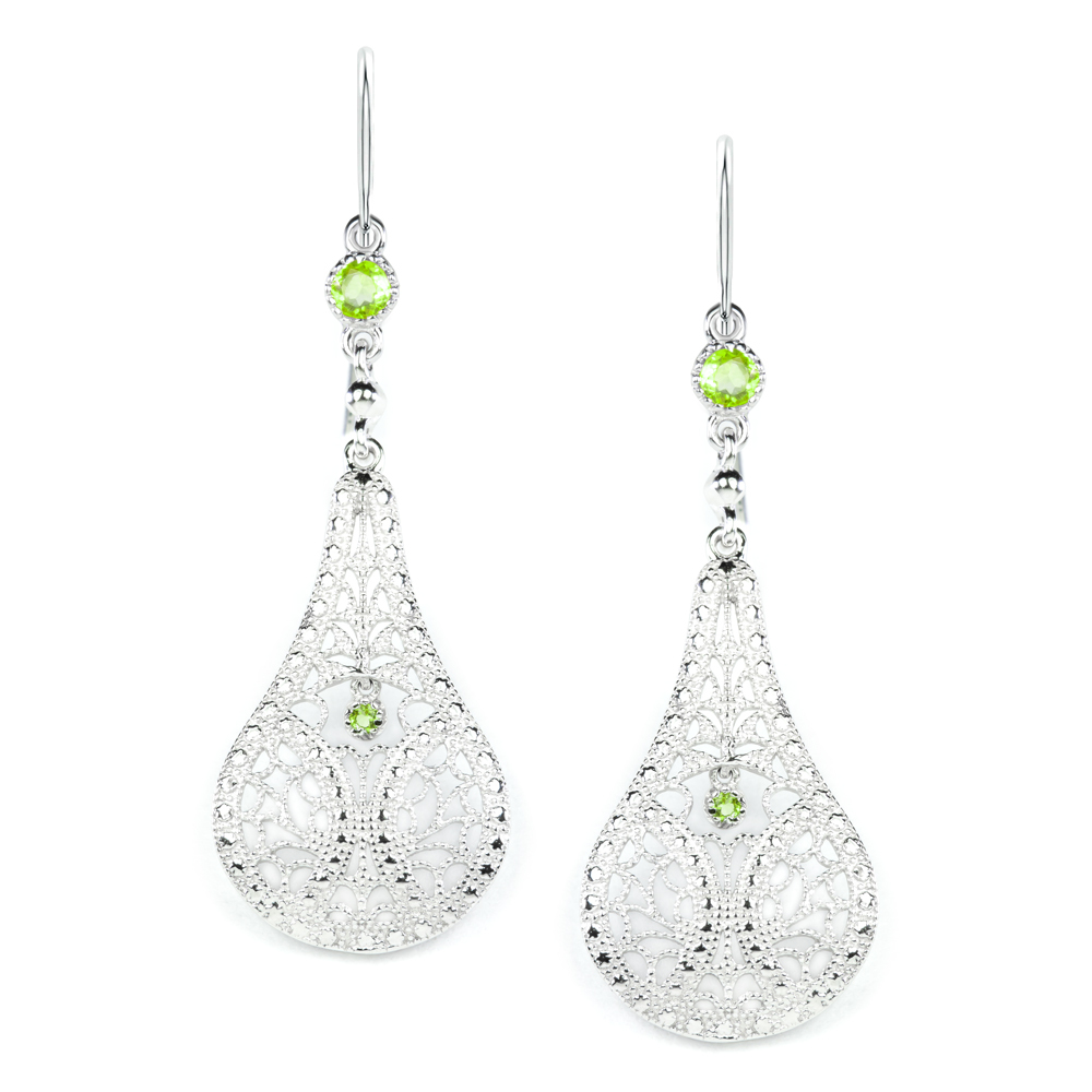 PERIDOT FILIGREE EARRINGS STERLING SILVER DANGLE TEARDROP VINTAGE STYLE GREEN