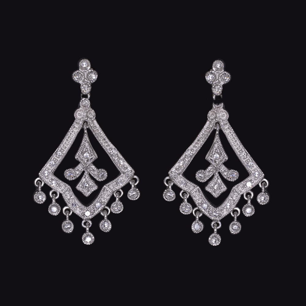 VINTAGE STYLE DIAMOND CHANDELIER EARRINGS NATURAL 14k WHITE GOLD 30mm DANGLE