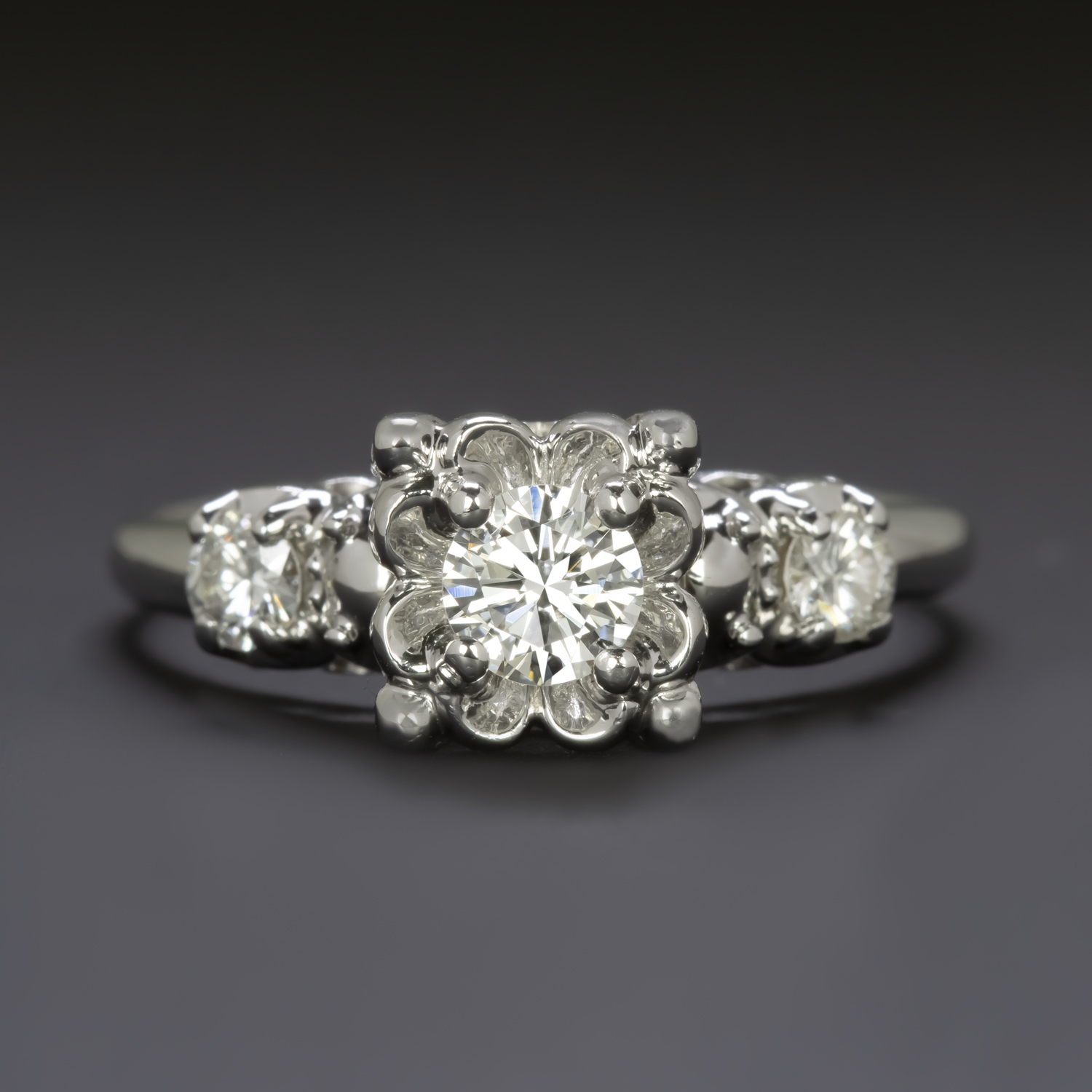 VINTAGE DIAMOND ENGAGEMENT RING G VS 14K WHITE GOLD MID CENTURY ILLUSION ROUND