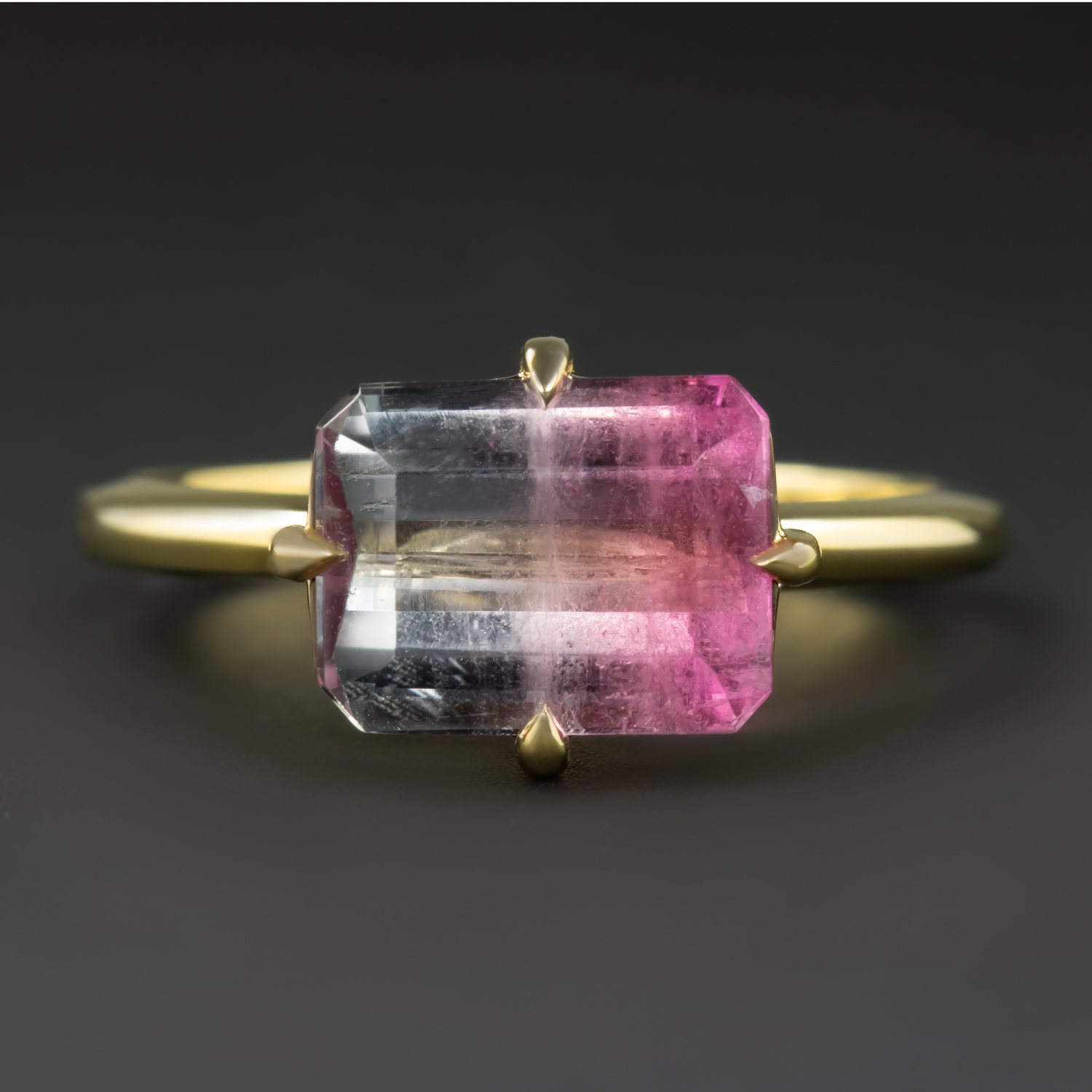 2.58ct BI COLOR TOURMALINE SOLITAIRE RING 14k YELLOW GOLD EAST WEST WATERMELON