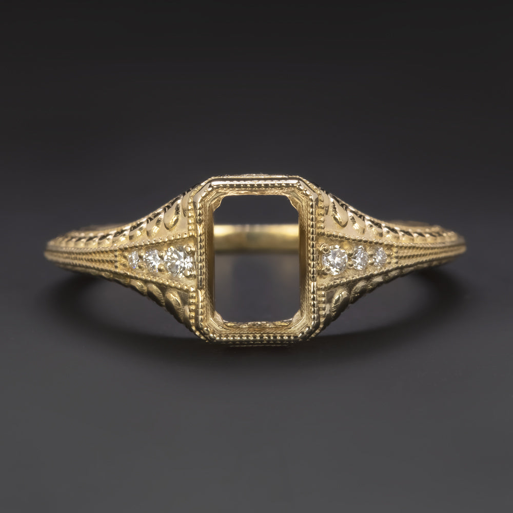 VINTAGE STYLE DIAMOND SEMI MOUNT ENGAGEMENT RING SETTING 7x5mm EMERALD CUT  GOLD