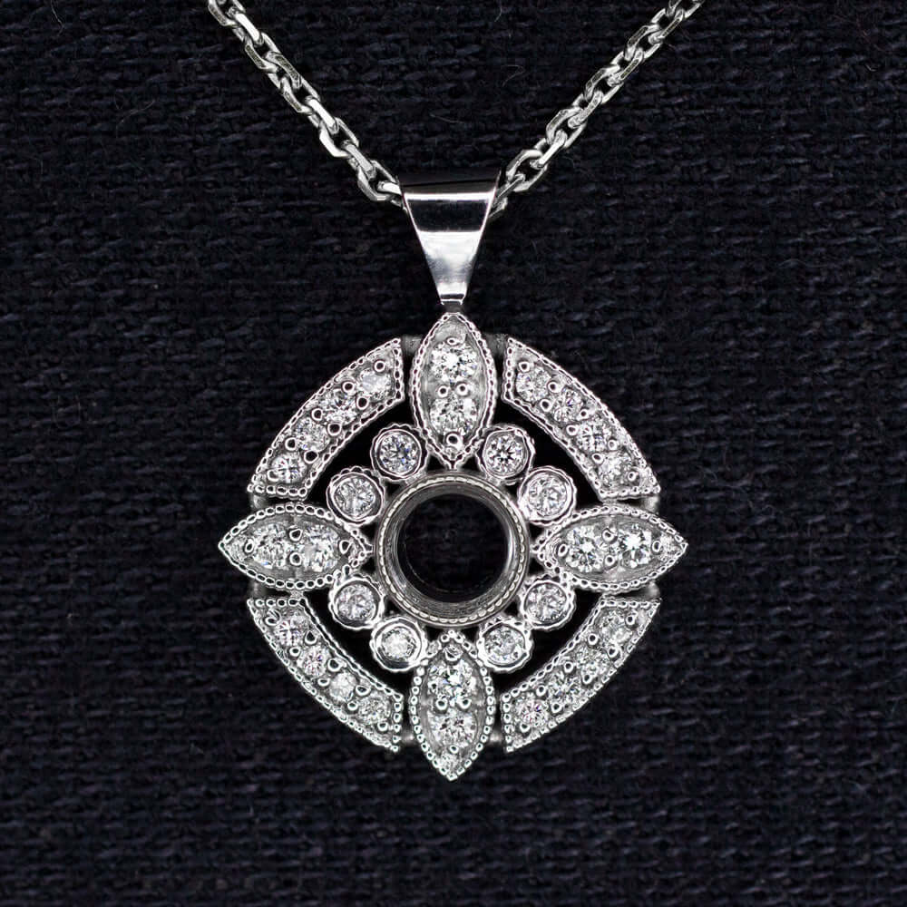 DIAMOND PENDANT SETTING 4mm ROUND VINTAGE STYLE NECKLACE SEMI MOUNT ART DECO