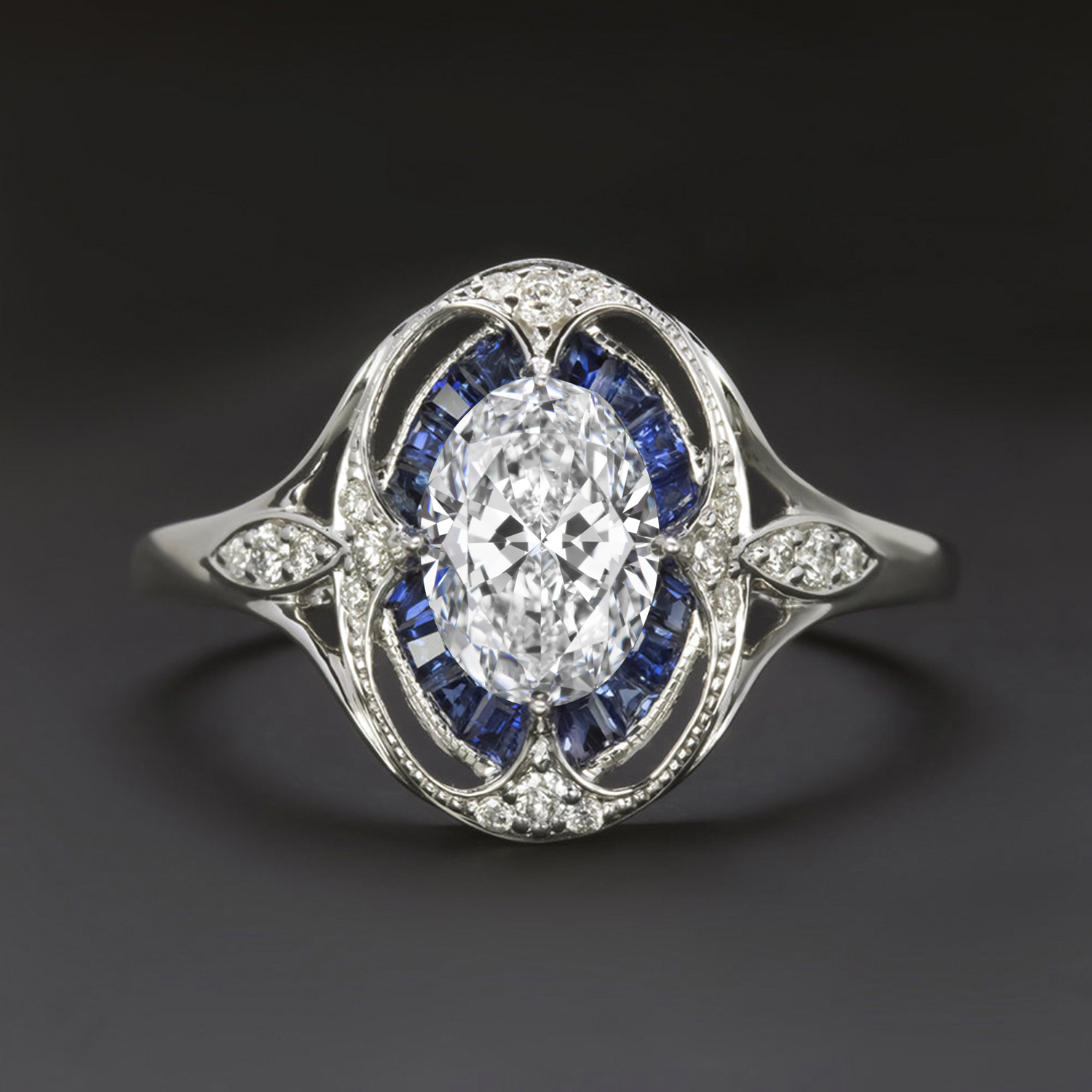 LAB CREATED DIAMOND SAPPHIRE ENGAGEMENT RING ART DECO VINTAGE STYLE OVAL HALO