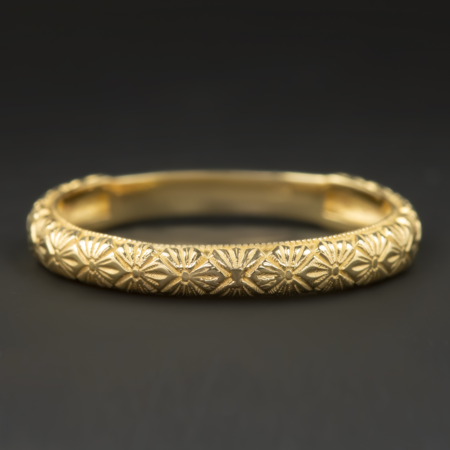 10k 3mm VINTAGE STYLE WEDDING BAND STACKING RING ENGRAVED FLORAL CLASSIC GOLD