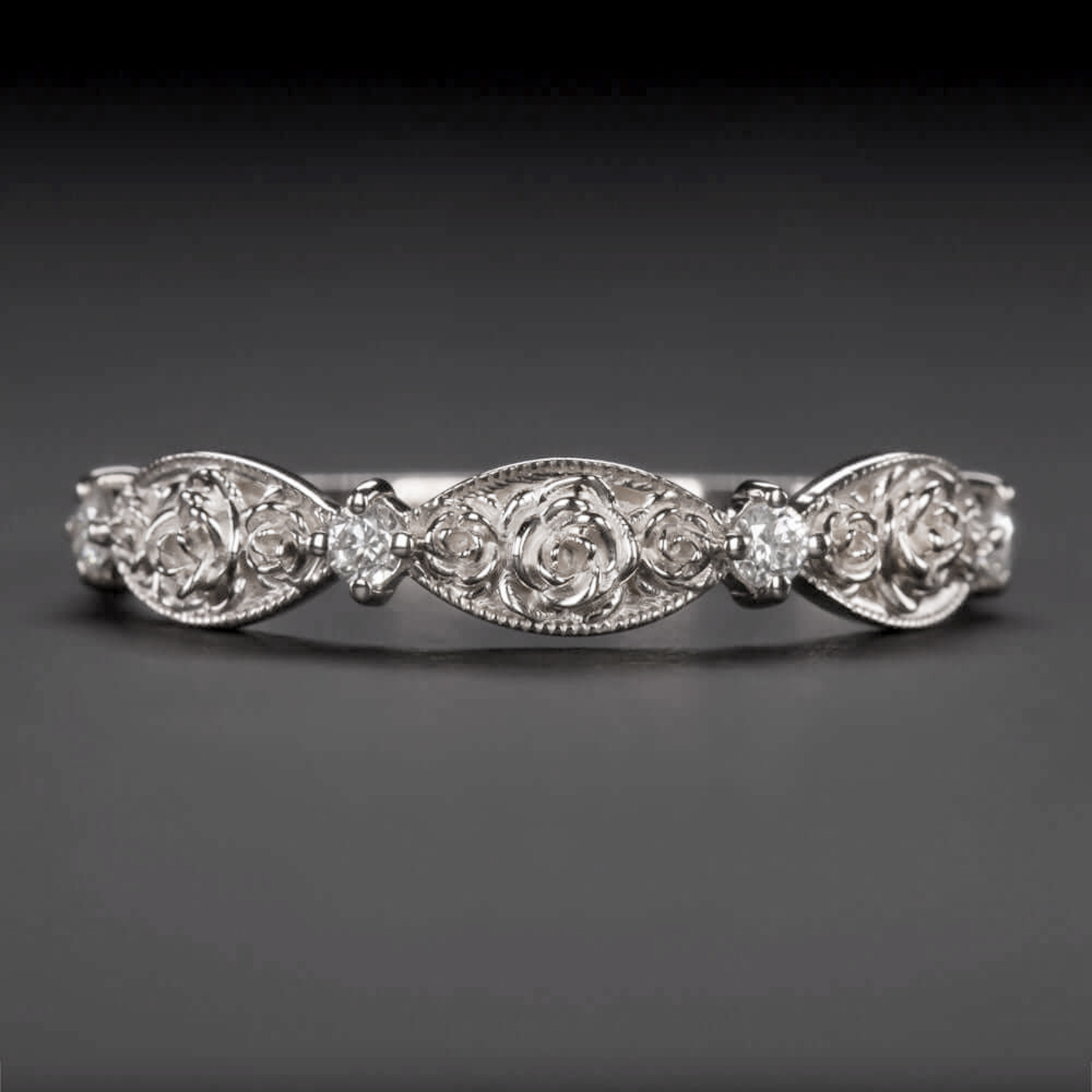 DIAMOND PLATINUM FLOWER RING ETERNITY WEDDING BAND FLORAL BOTANICAL STACKING