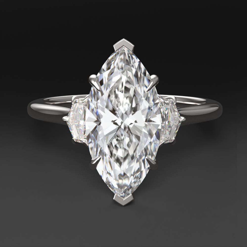 2ct LAB CREATED DIAMOND ENGAGEMENT RING 3 STONE MARQUISE CADILLAC CUT WHITE GOLD