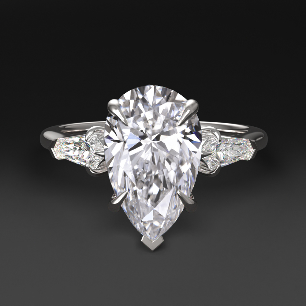 2ct LAB CREATED DIAMOND ENGAGEMENT RING 3 STONE PEAR BULLET CUT 14k WHITE GOLD