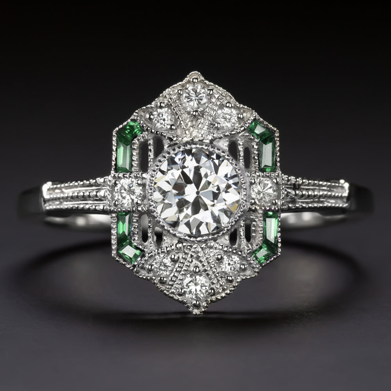 DIAMOND EMERALD RING OLD EUROPEAN CUT VINTAGE STYLE ART DECO 14K WHITE GOLD