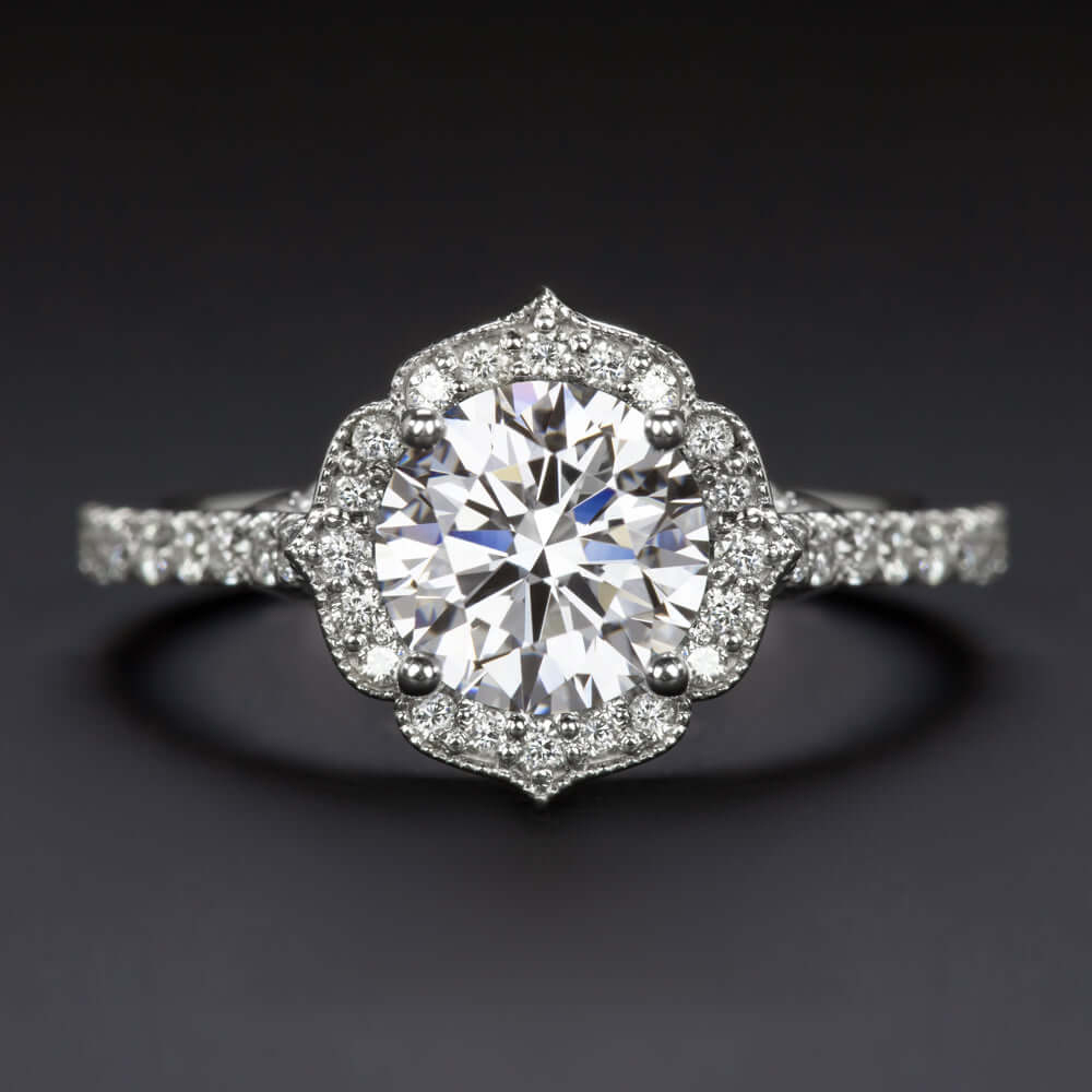 1.5 CARAT LAB CREATED DIAMOND ENGAGEMENT RING VINTAGE STYLE HALO 14k WHITE GOLD