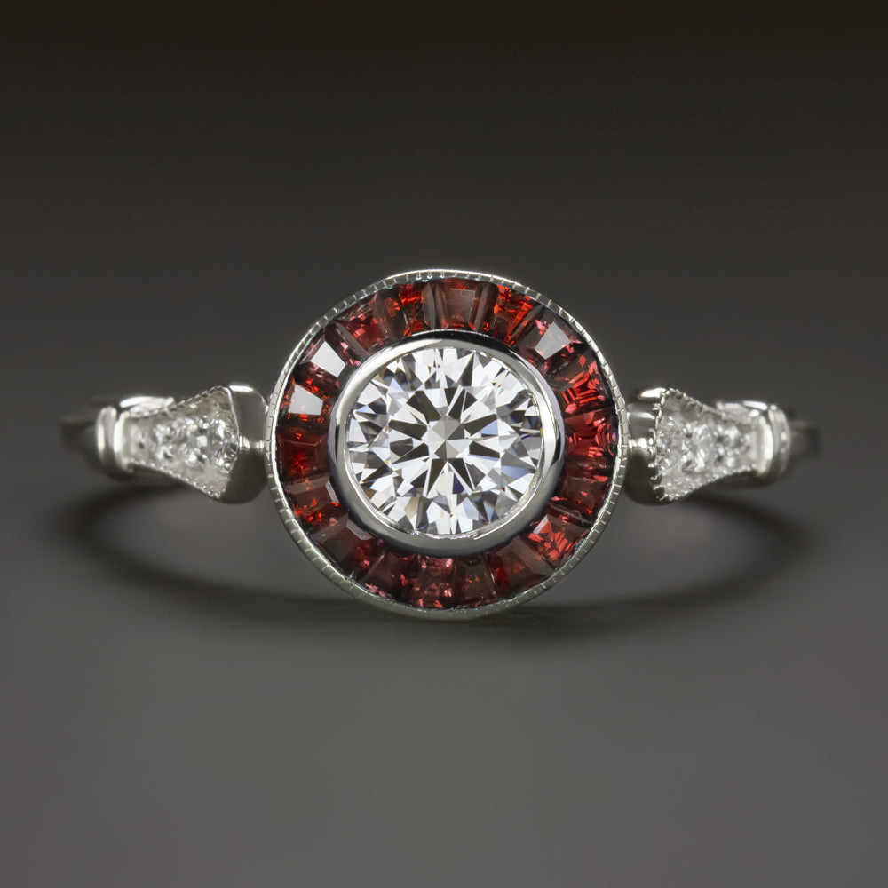 LAB CREATED DIAMOND RUBY ENGAGEMENT RING VINTAGE STYLE TARGET HALO ART DECO