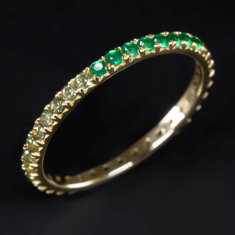14K GOLD GREEN SAPPHIRE OMBRE ONYX 2 COLOR ETERNITY RING  BAND GRADIENT 8.75