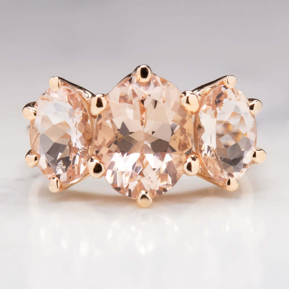 4.5ct MORGANITE 3 STONE RING OVAL CUT SHAPE PINK PEACH 10K ROSE GOLD RIGHT HAND