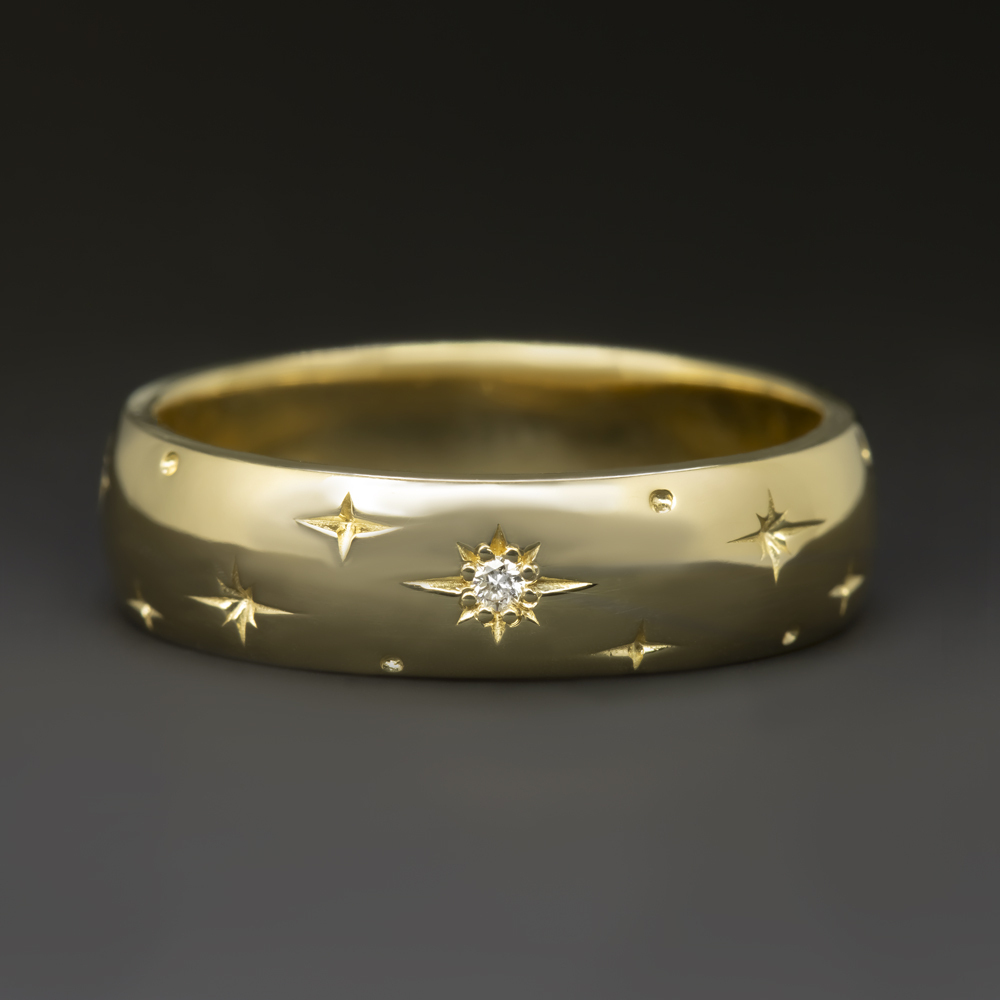 VINTAGE STYLE DIAMOND WEDDING BAND RING STARBURST 10k YELLOW GOLD 5.8mm MENS