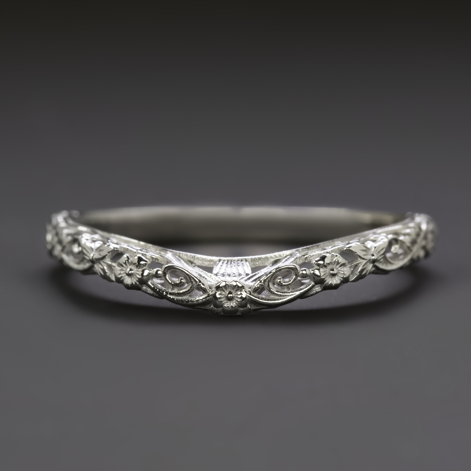 VINTAGE STYLE FLORAL WEDDING BAND PLATINUM RING CURVED ORANGE BLOSSOM