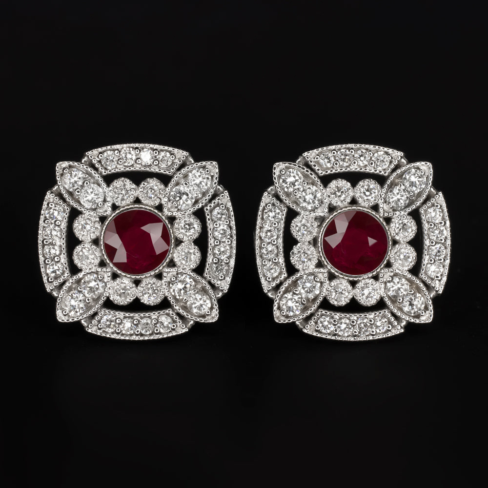 NATURAL RUBY DIAMOND STUD EARRINGS ART DECO VINTAGE STYLE 10k WHITE GOLD RED