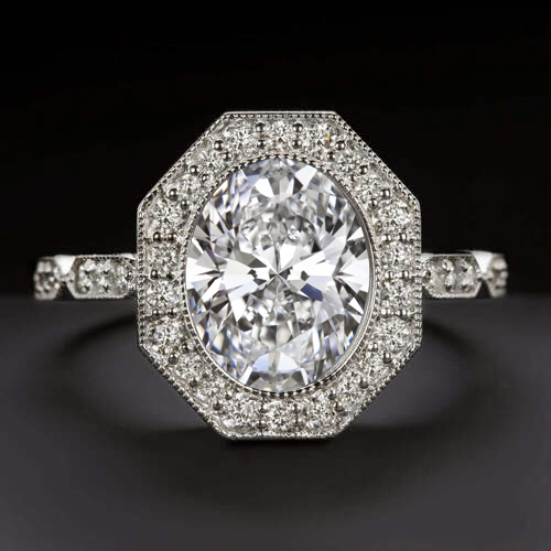 2c LAB CREATED DIAMOND ENGAGEMENT RING VINTAGE STYLE ART DECO OVAL PLATINUM HALO
